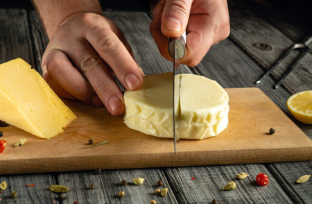 Hands skillfully cut a round piece of fresh cheese on a wooden board, complemented by slices of yellow cheese, spices, and a lemon.の写真素材