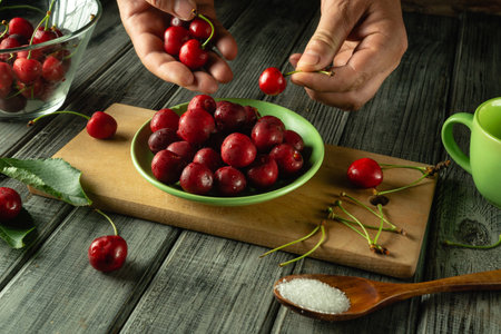 Hands carefully sort ripe cherries on a wooden cutting board, with a green bowl and a cup nearby. Sugar is also present for an upcoming recipe, creating a warm kitchen atmosphere.の写真素材