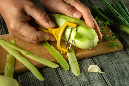 A person gently peels a fresh zucchini using a bright yellow peeler, while other vegetables like garlic and green onions are nearby on a rustic wooden board, showing a relaxed kitchen atmosphere.の写真素材