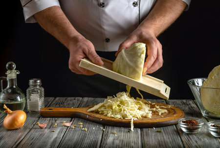 A chef skillfully shreds cabbage using a cutting board and a grater, surrounded by onions and spices in a bright kitchen setting, showing culinary skills and fresh ingredients.の写真素材