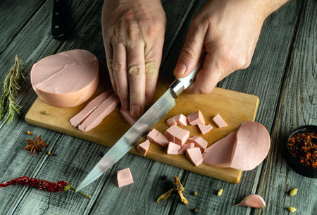 Hands carefully slice deli meat on a wooden board, surrounded by herbs and spices. The environment suggests a kitchen setting, creating a focus on food preparation.の写真素材