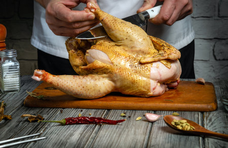 A chef skillfully cuts a whole chicken on a wooden board in a kitchen setting. Various spices and ingredients are arranged around the chicken, enhancing the dish's flavor.の写真素材
