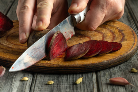 Hands skillfully slice fresh beets on a wooden cutting board, revealing their vibrant color. The rustic kitchen adds warmth to this culinary moment involving fresh ingredients.の写真素材
