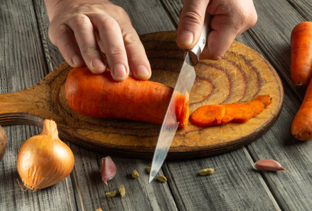 Hands skillfully cut a vibrant orange carrot on a round wooden cutting board. Nearby, are onions and cloves, emphasizing the fresh ingredients in a home kitchen.の写真素材