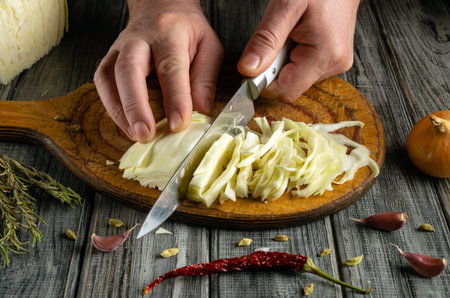 Hands skillfully slice fresh cabbage on a wooden cutting board. Nearby, spices, onion, and garlic enhance the rustic kitchen atmosphere, creating a culinary vibe filled with flavor.の写真素材