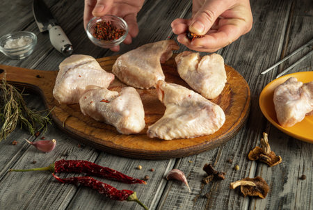 Hands carefully sprinkle spices over raw chicken wings resting on a wooden board, surrounded by fresh herbs, dried chilies, and garlic, creating an inviting atmosphere for cooking.の写真素材