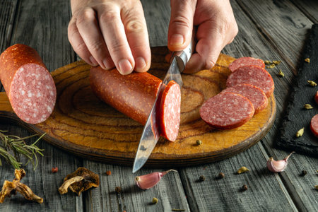 Hands expertly cut salami into slices on a wooden board. Surrounding ingredients include herbs,...
