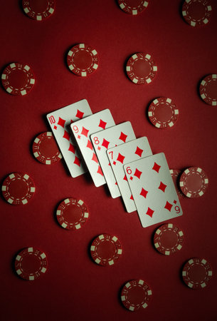 Five cards featuring diamond suits are organized sequentially from six to ten, surrounded by red...