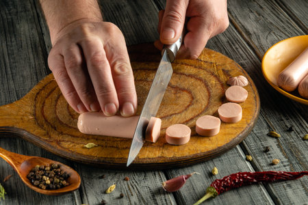 Hands cutting sausage into round slices on a wooden board, surrounded by colorful spices. The warm lighting creates an inviting atmosphere in the kitchen.の写真素材