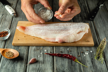 A person is seasoning a fresh fish fillet with salt and spices in a modern kitchen. Various herbs and condiments are arranged on the countertop, ready for cooking.の写真素材