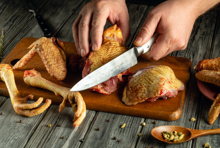 A skilled cook slices raw poultry on a wooden cutting board in a rustic kitchen. Fresh chicken...