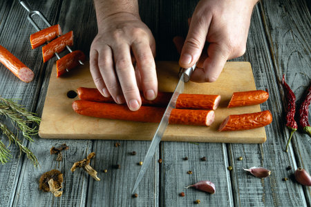 Hands are skillfully slicing vibrant sausages on a wooden cutting board surrounded by herbs and spices. The sunlit kitchen creates a welcoming atmosphere for cooking.の写真素材