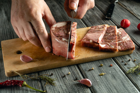 A person slices a piece of meat on a wooden cutting board surrounded by garlic cloves and various herbs. Fresh ingredients add flavor to the cooking process.の写真素材