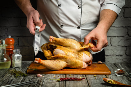 A chef skillfully processes a whole chicken on a wooden cutting board. Fresh herbs and spices are arranged beside him, showcasing a commitment to quality culinary preparation.の写真素材