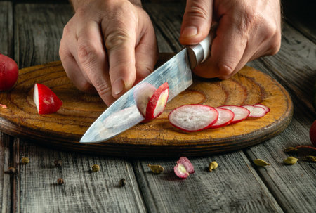 A pair of hands skillfully slices vibrant radishes with a sharp knife on a rustic wooden cutting board, preparing fresh ingredients for a meal.の写真素材