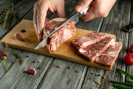A person skillfully slices a block of raw meat on a wooden cutting board. Fresh herbs, garlic, and...
