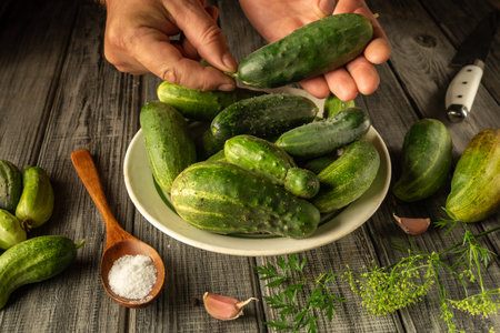 A pair of hands holds a cucumber above a bowl full of freshly harvested cucumbers. Surrounding the bowl are garlic cloves, salt, and herbs ready for pickling.の写真素材