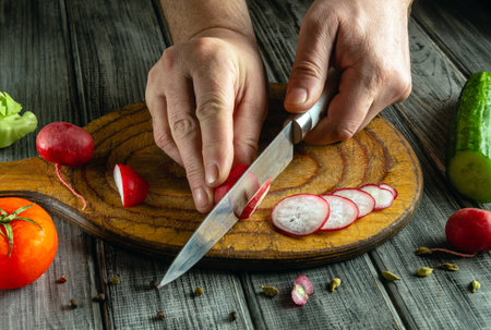 A person skillfully slices radishes on a wooden cutting board, surrounded by fresh vegetables like tomatoes and cucumbers, highlighting a culinary moment in a kitchen.の写真素材