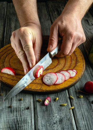 Hands carefully slice vibrant red radishes into thin rounds using a sharp knife on a wooden cutting board. Natural light adds warmth to the rustic kitchen ambiance.の写真素材