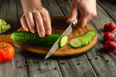 Hands skillfully cut a cucumber on a wooden board surrounded by fresh vegetables like tomatoes, radishes, and leafy greens, showcasing food preparation skills.の写真素材