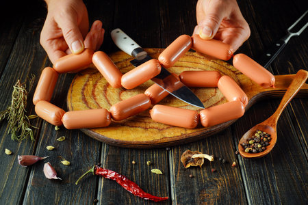 Hands are arranging sausages in a chain-like pattern on a wooden cutting board. A knife and various spices are visible, creating a cozy cooking atmosphere.の写真素材