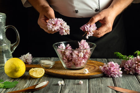 A chef skillfully prepares a dish by placing fresh pink blossoms into a clear bowl. Fresh lemons and salt rest on a wooden cutting board nearby, creating a vibrant kitchen scene.の写真素材