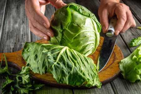 Two hands hold a fresh green cabbage while slicing it on a wooden cutting board. Nearby, fresh herbs add color to the kitchen workspace, showcasing meal preparation.の写真素材