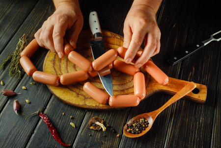 In a cozy kitchen, two hands arrange sausages in a circular pattern on a wooden cutting board. A knife and various spices are visible, adding richness to the scene.の写真素材