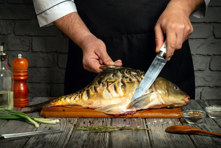 A chef in a black apron and white coat fillets a fresh fish Cyprinus carpio on a wooden cutting board. The kitchen has a rustic feel with various ingredients around, including onions and spices.の写真素材