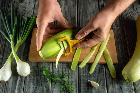 Preparing a vegetable breakfast. Peeling vegetables or zucchini by hand at the kitchen counter.の写真素材