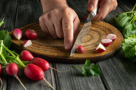 Hands are cutting fresh radishes on a wooden board. Green leaves surround the cutting area, creating a natural kitchen setting with fresh produce.の写真素材