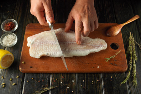 Hands skillfully slice a fresh fish fillet on a wooden cutting board. Nearby, bowls hold sea salt,...