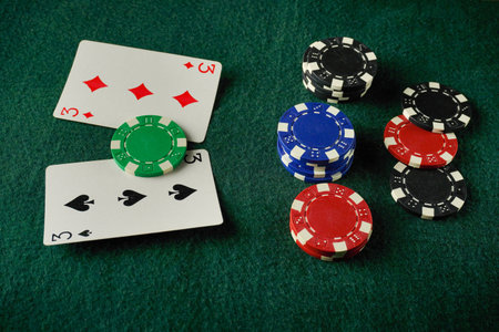 Friends gather around a green felt table, enjoying a card game. Playing cards show a three of...