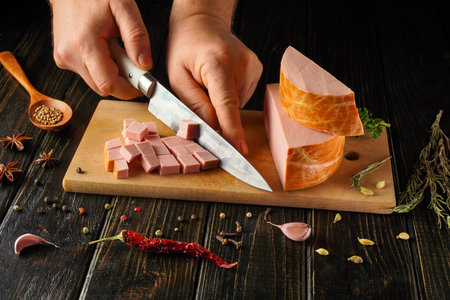 Hands use a knife to cut meat sausage into small cubes on a wooden board. Spices and herbs are...