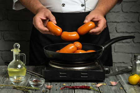 A chef stands in a kitchen holding sausages over a hot pan. The chef is set to cook the sausages with various ingredients nearby. The scene shows tools and spices ready for use.の写真素材
