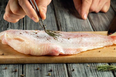 A person season a fish fillet with salt and herbs on a wooden cutting board in a kitchen. The setting is bright and suitable for cooking. Focusing on the details enhances the process.の写真素材
