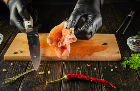 A person wearing black gloves holds a piece of fresh fish over a wooden cutting board. A knife lies nearby, and spices and herbs surround the cutting area.の写真素材