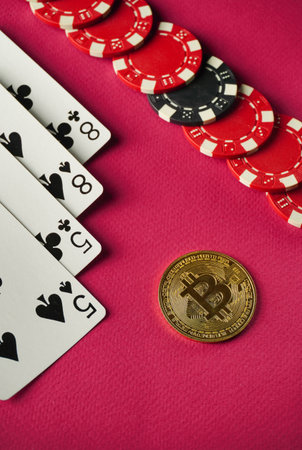 A lucky win with two pairs of playing cards in poker. Concept of a card game with a cryptocurrency...