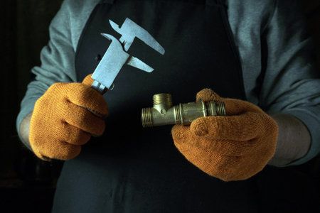 A person holds a set of calipers in one hand and a brass fitting in the other hand. The setting is a workshop with low light. The worker wears an apron and orange gloves.の写真素材