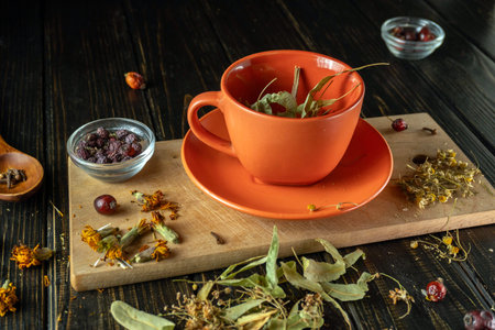 A bright orange cup sits on a plate next to a wooden board. Dried herbs and spices scatter around, while small glass bowls hold raisins. The setting suggests a homey kitchen.の写真素材