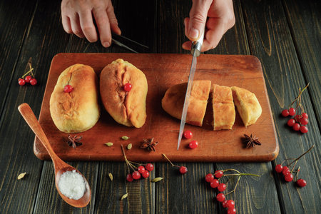 Preparing dessert for the festive table. Hands use a knife to cut the pies into thin pieces.の写真素材