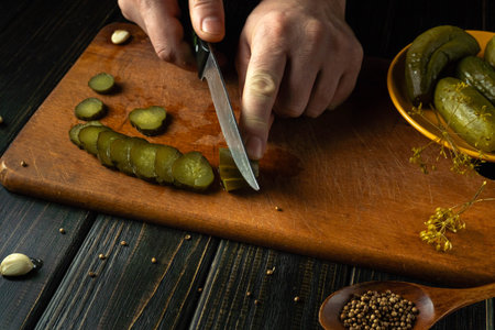 Hands cut pickles into slices on a wooden board. A small bowl sits nearby. The kitchen has a dark...