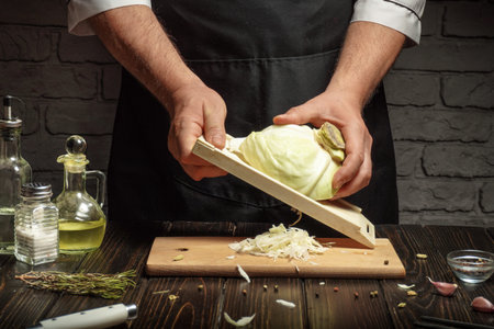 The chef grates fresh cabbage with a hand grater to prepare a vegetable dish for breakfast at the hotel. Vegetarian diet menu.の写真素材
