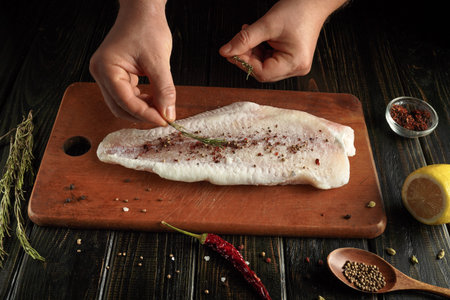 A person is seasoning a fresh piece of fish with herbs and spices on a wooden cutting board in a...