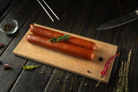 Two fresh sausages rest on a wooden cutting board. Green herbs are placed on top. Nearby, there are...