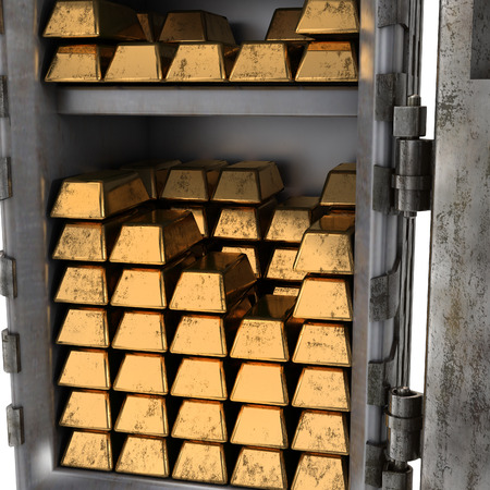 Old open safe with gold bars on an isolated white background. 3d illustrationの写真素材