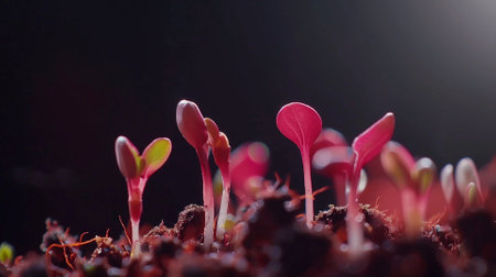 Small seedlings of radish in a pot on a black backgroundの素材