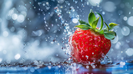 Strawberry falling into water with splash and drops of water.の素材