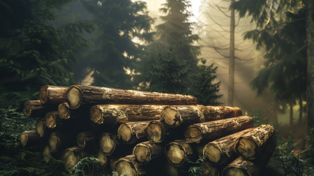 Wooden logs in the forest at sunrise. 3D Renderingの素材