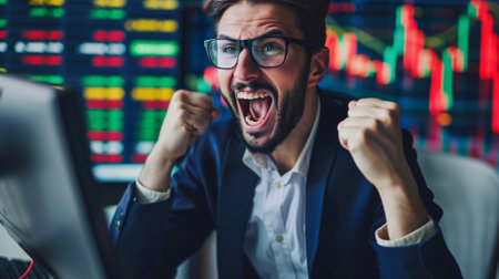 Portrait of excited young businessman sitting in front of computer monitor and screamingの素材